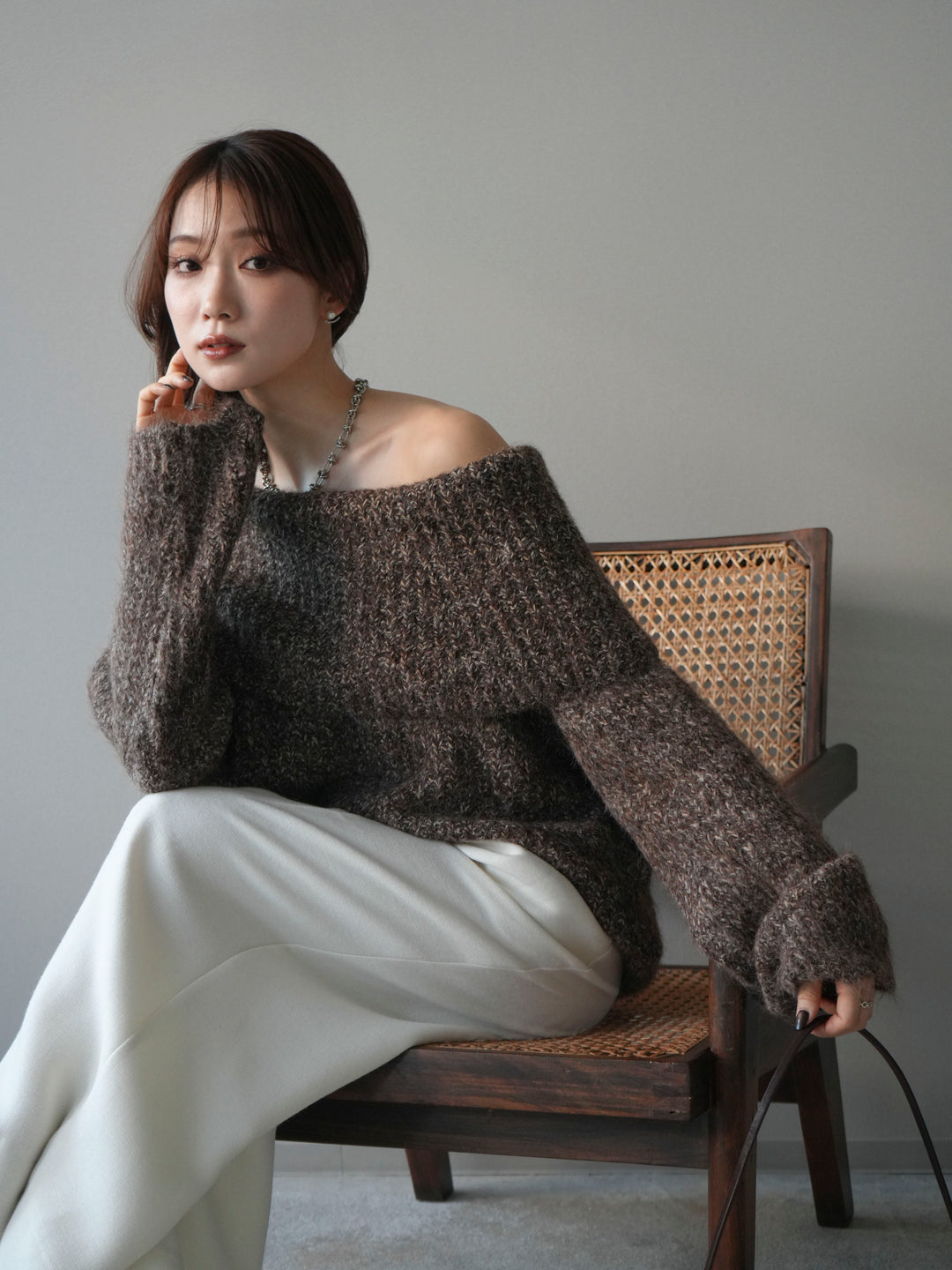 [予約]オフショルミックスニットプルオーバー/brown