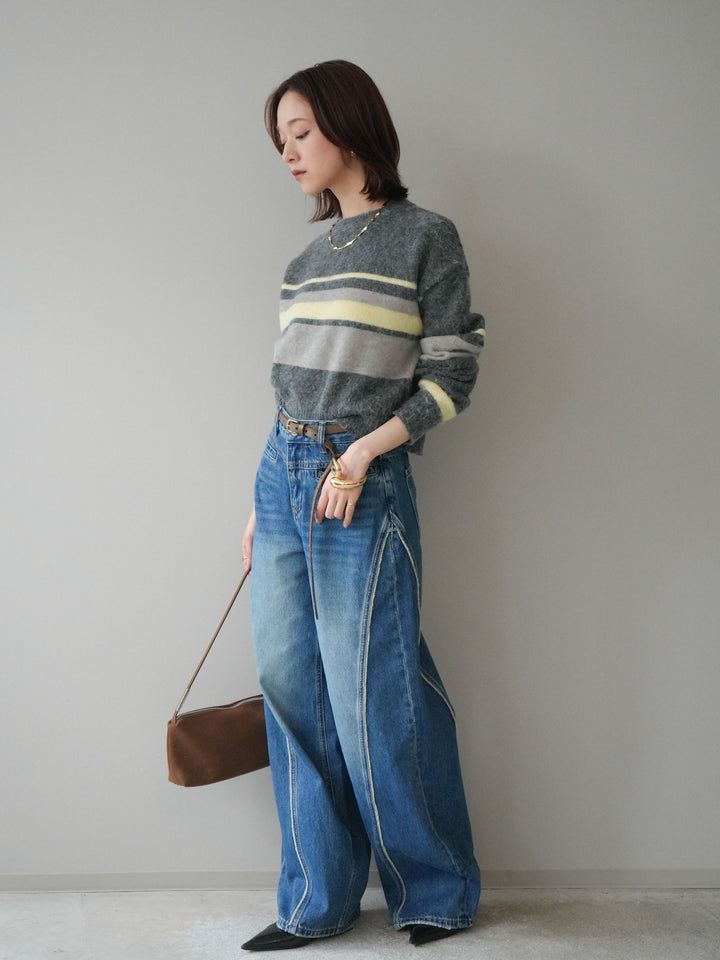 [SET]ソフトタッチボーダークロップドニットプルオーバー+サイドフリンジワイドデニムパンツ(2set)