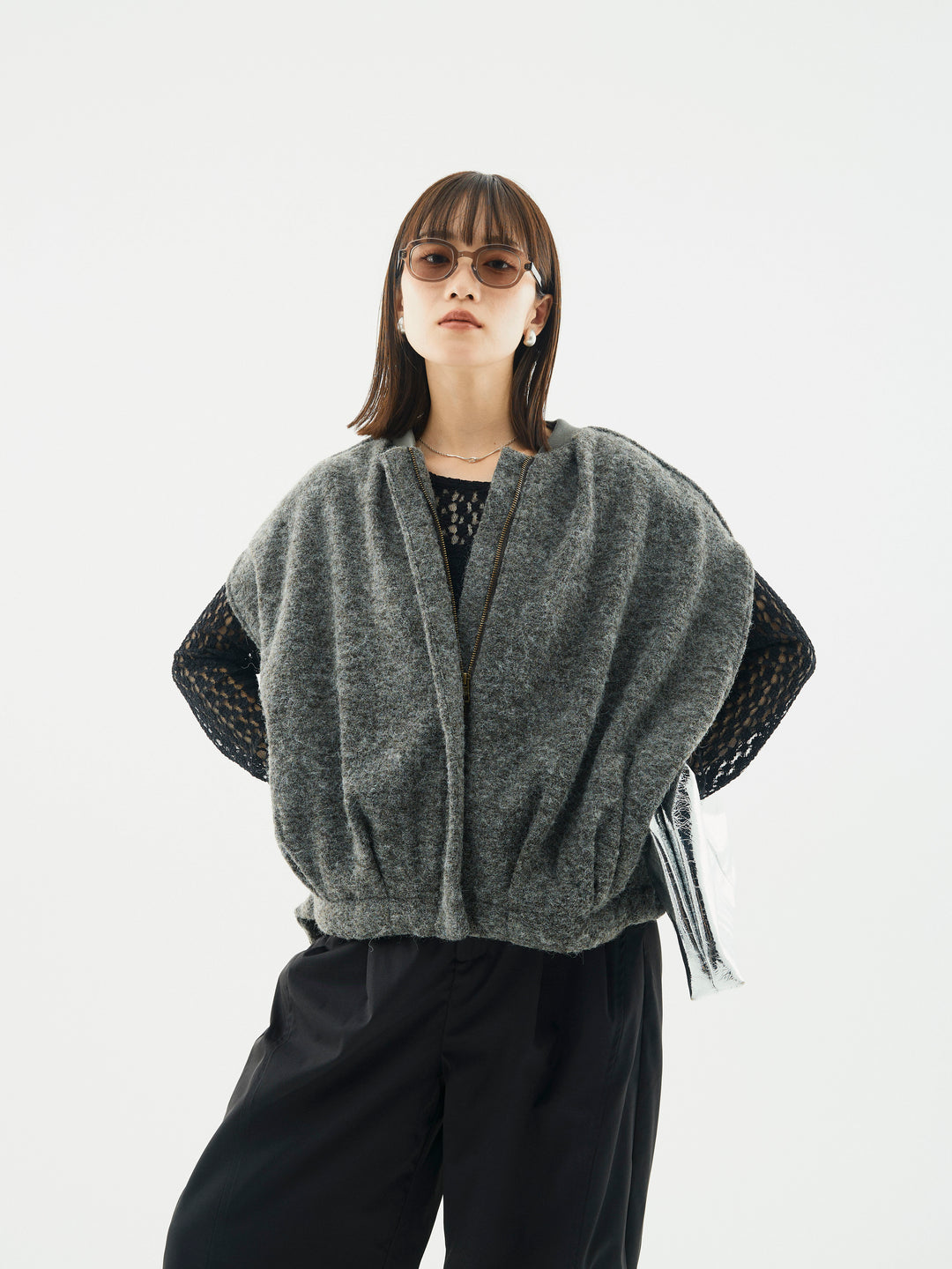 【Allure】[SET]ウール混コクーンブルゾン+タフタワイドカーブパンツ+バックラウンドレーストップス(3set)