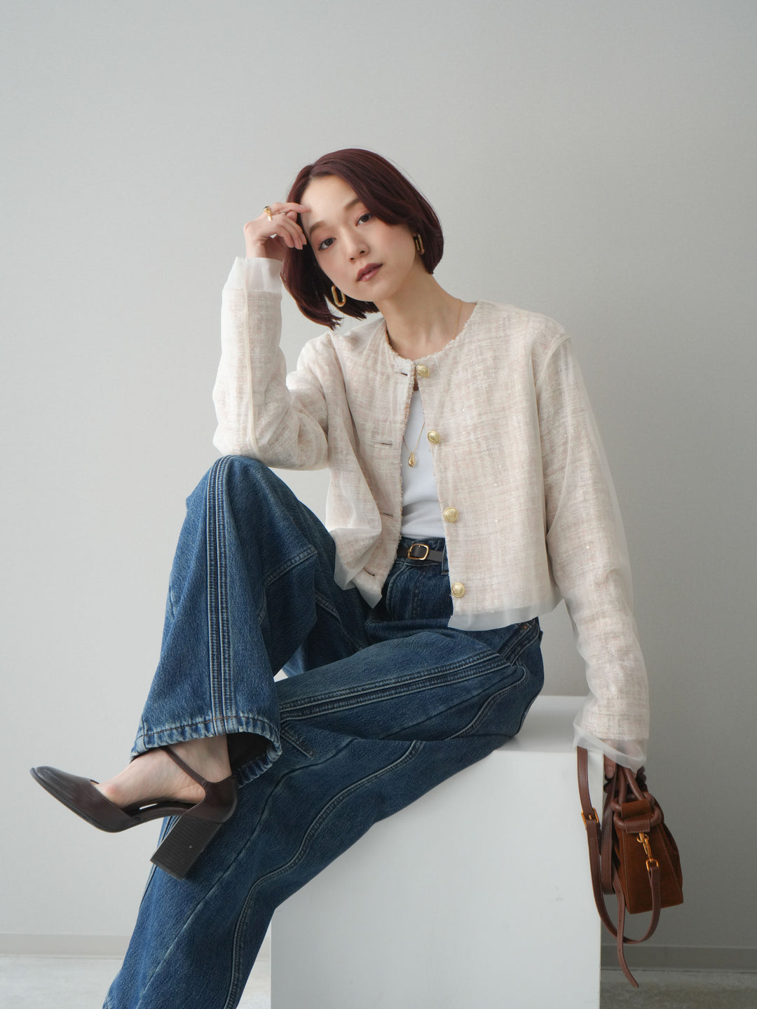 [予約]チュールレイヤードツイードクロップドジャケット/orange