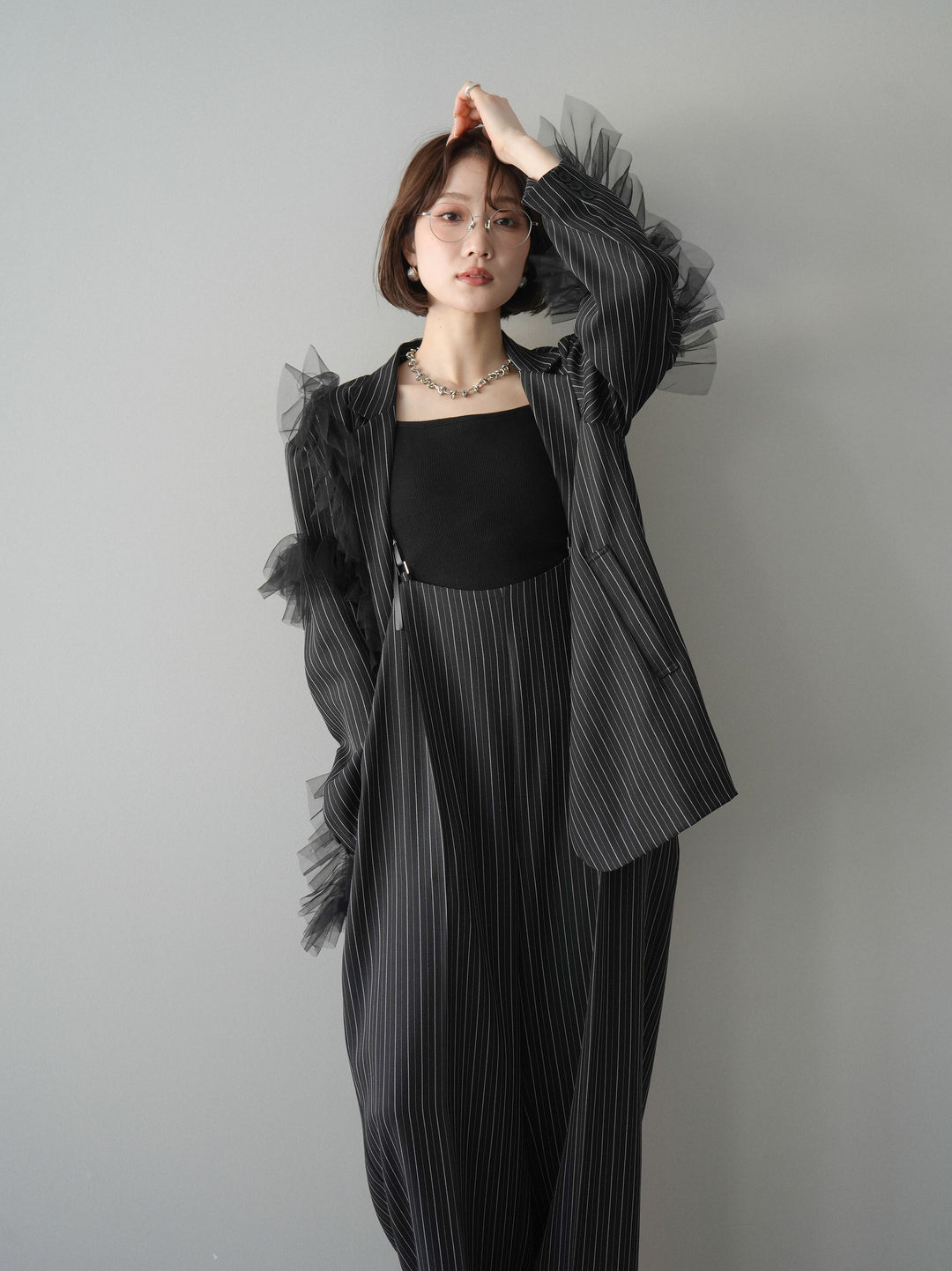 [SET]アシンメトリーチュールストライプジャケット+ヘリンボーンストライプサロペット(2set)