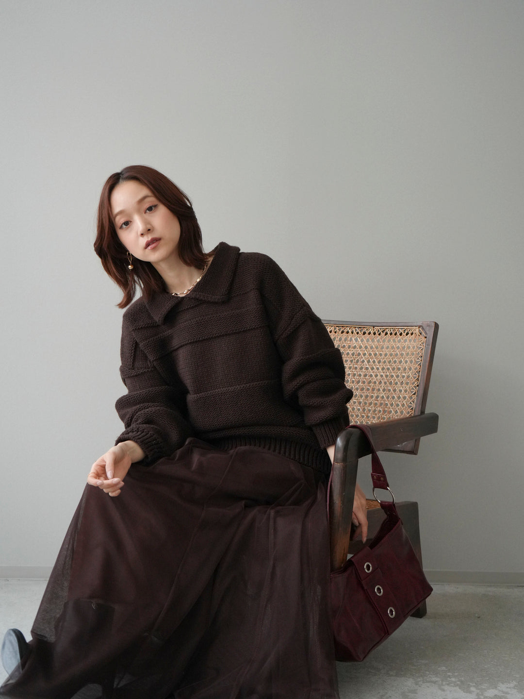 [SET]襟付きボーダー編みニットプルオーバー+チュールボリュームスカート(2set)