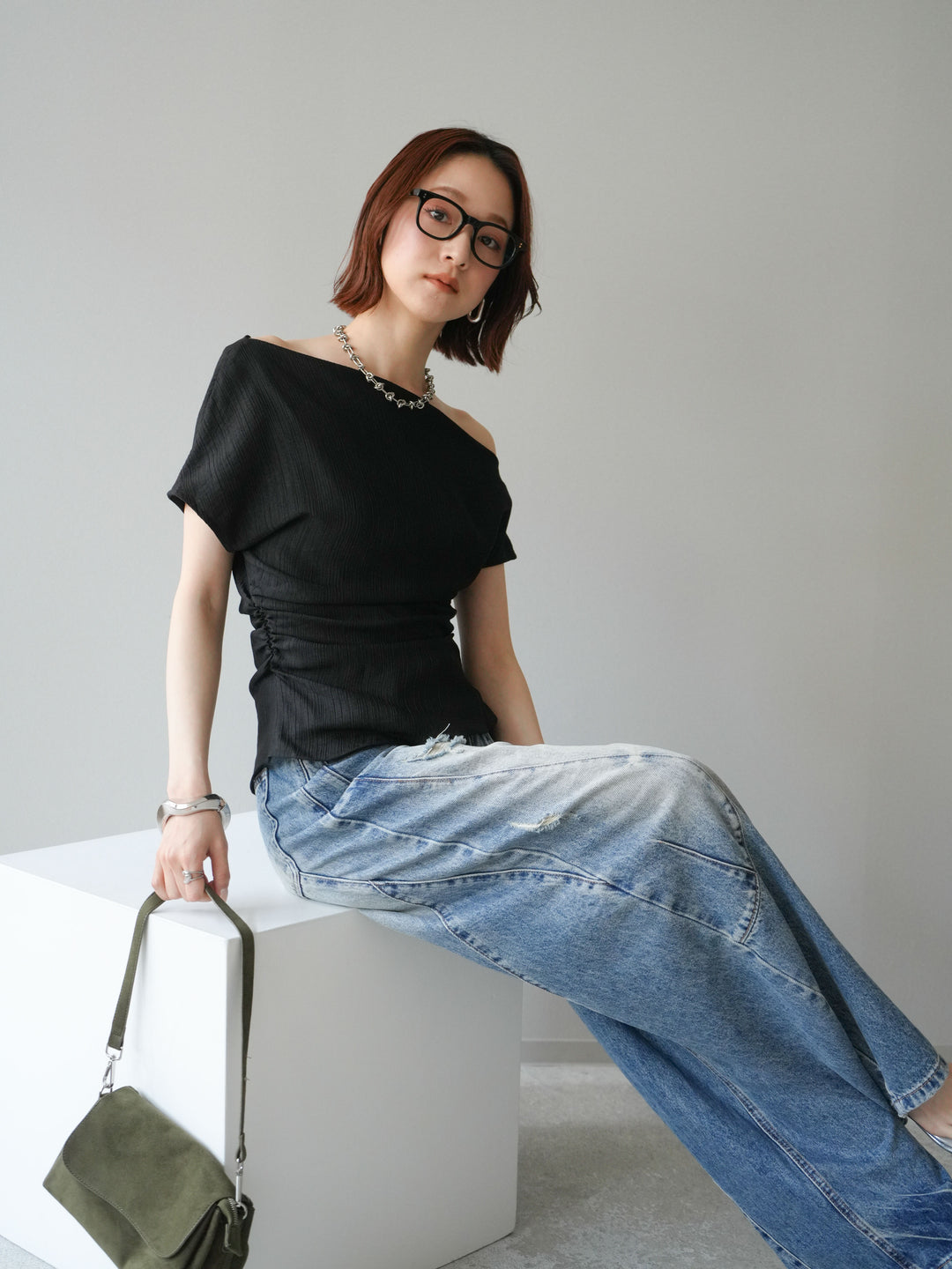 [予約]クレープアシンメトリーギャザートップス/black