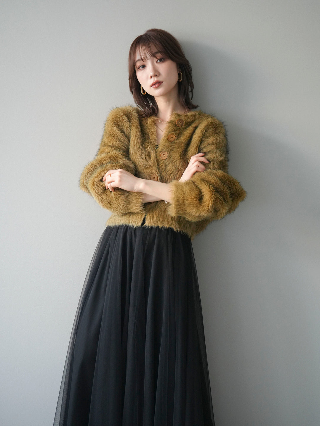 [予約]ミックスシャギーショートニットカーディガン/green