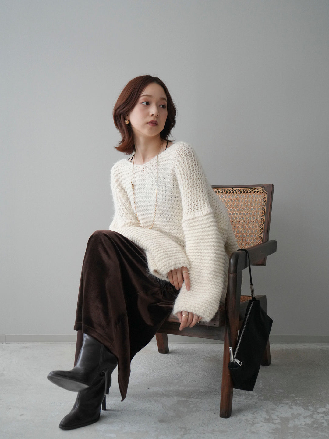 [SET]ワッフル編みシャギーニットプルオーバー+ギャザーベロアスカート(2set)