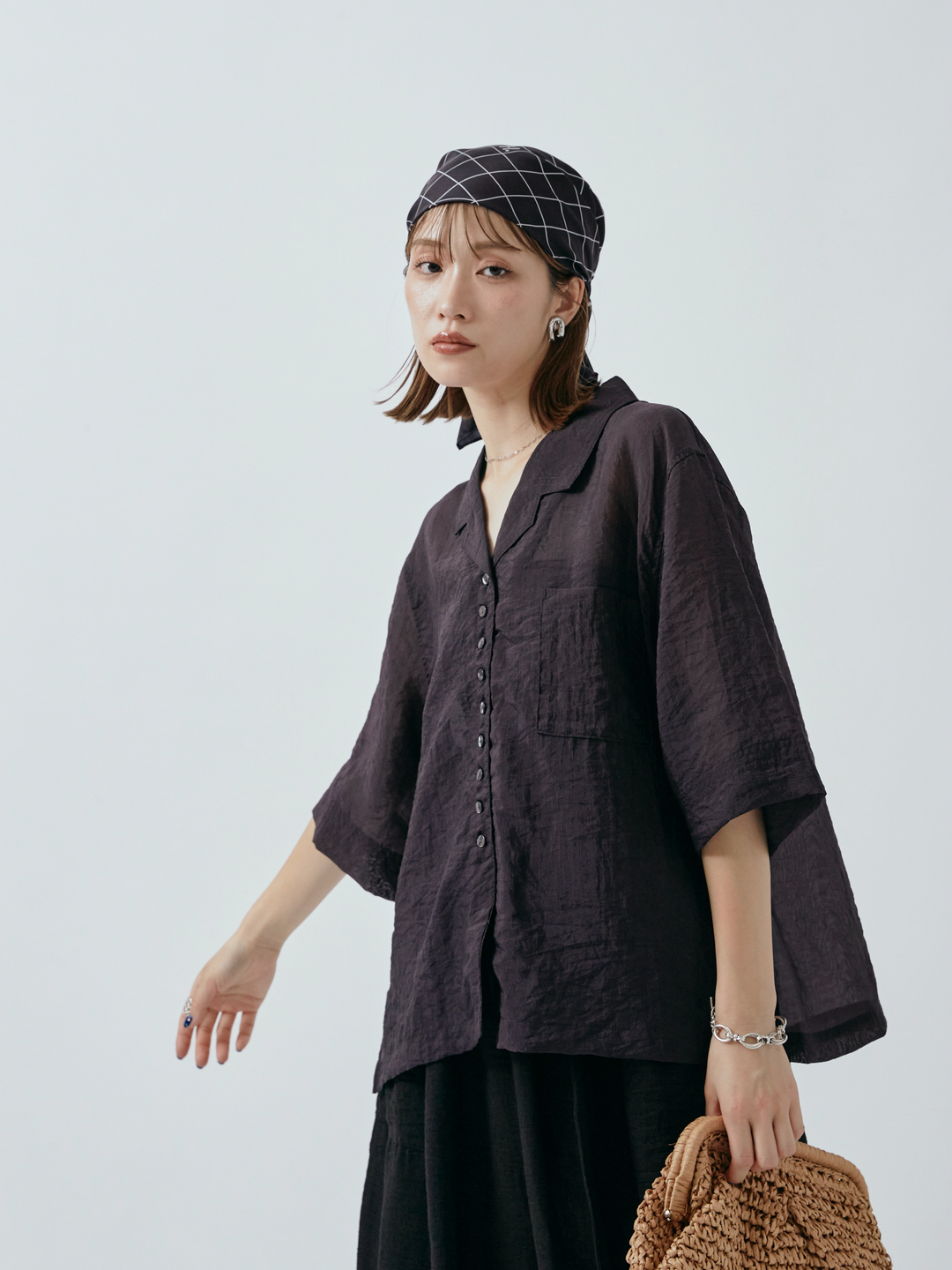 [予約]シャイニースラブシアー開襟ハーフシャツ/チャコール