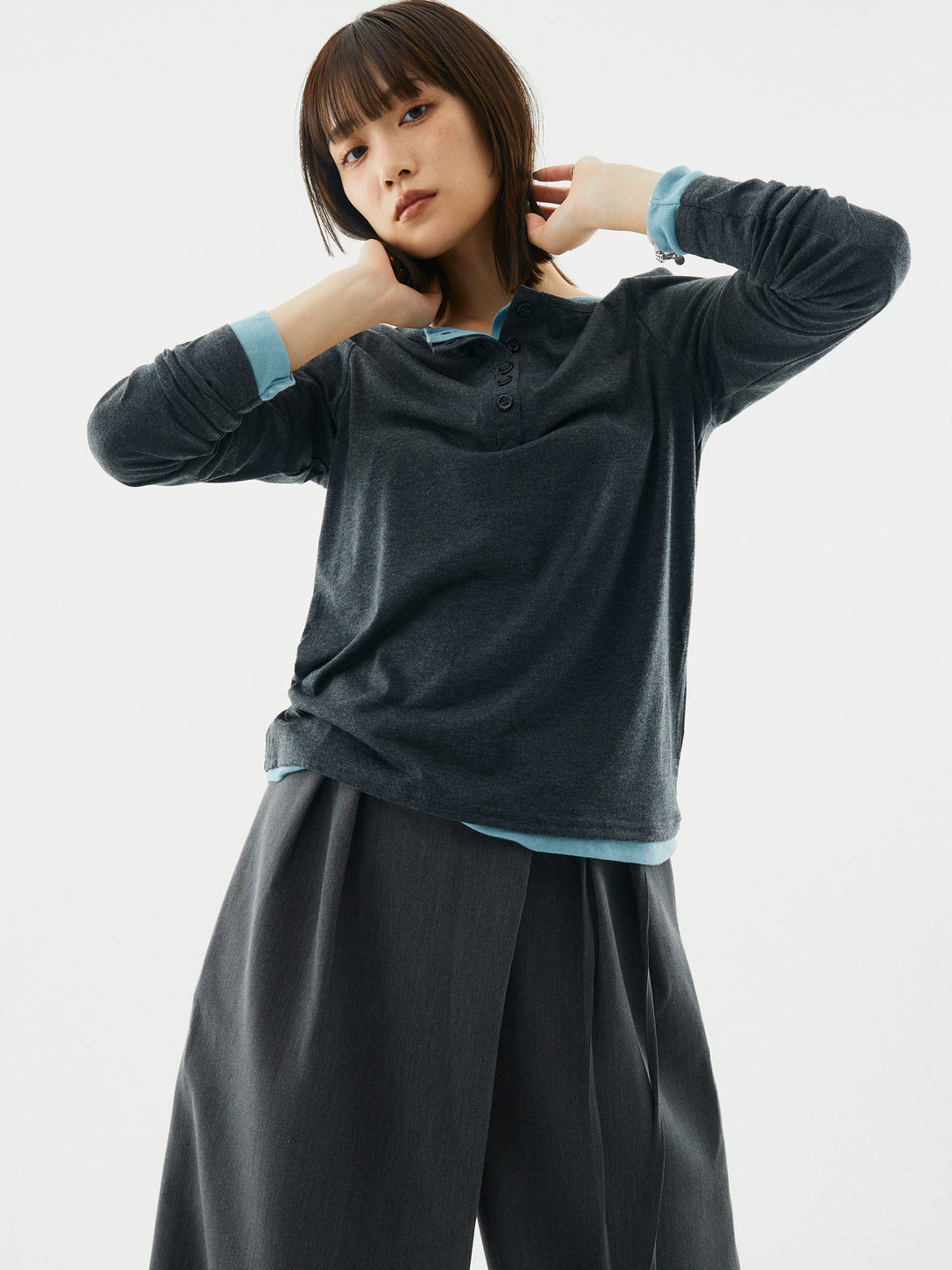 【Allure】[SET]配色レイヤードヘンリーネックトップス+配色レイヤードヘンリーネックトップス(2set)