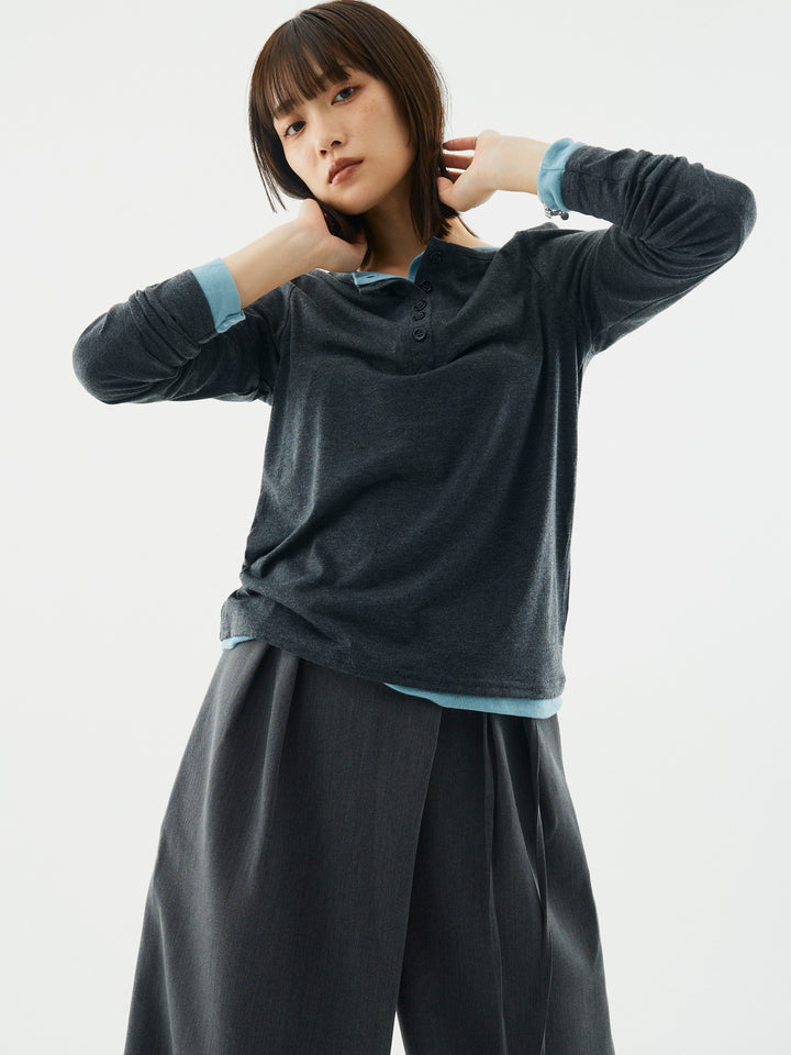 【Allure】[SET]配色レイヤードヘンリーネックトップス+配色レイヤードヘンリーネックトップス(2set)