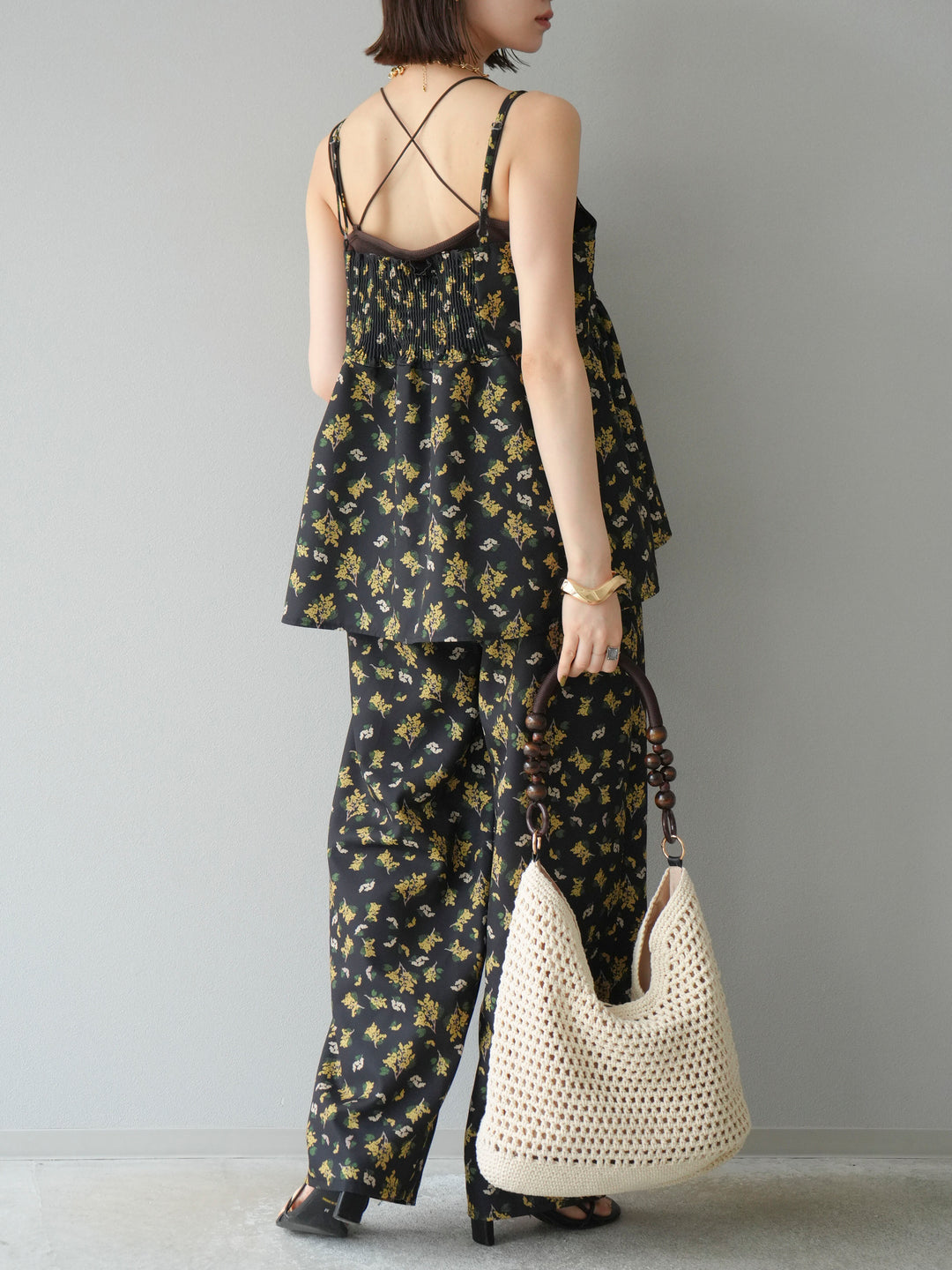 [予約]ブーケプリントタックパンツ/ブラック