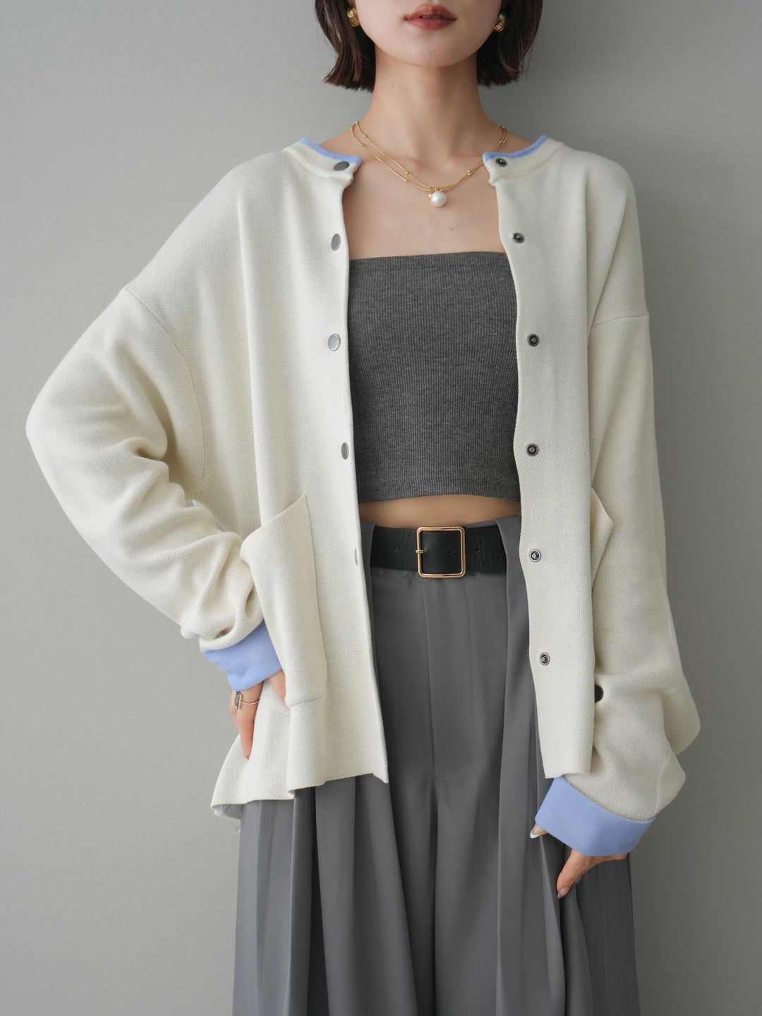 [SET]バイカラーオーバーニットカーディガン+タックベルトループワイドパンツ(2set)