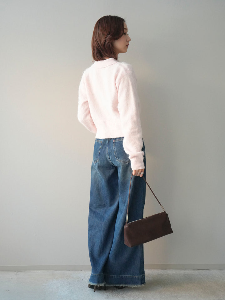 [SET]モヘア衿付きボタンプルオーバー+裏起毛裾フリンジワイドデニムパンツ(2set)