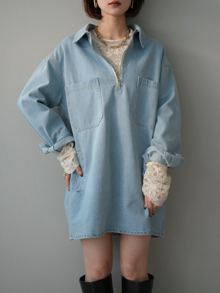 [予約]ハーフジップデニムミニワンピース/blue