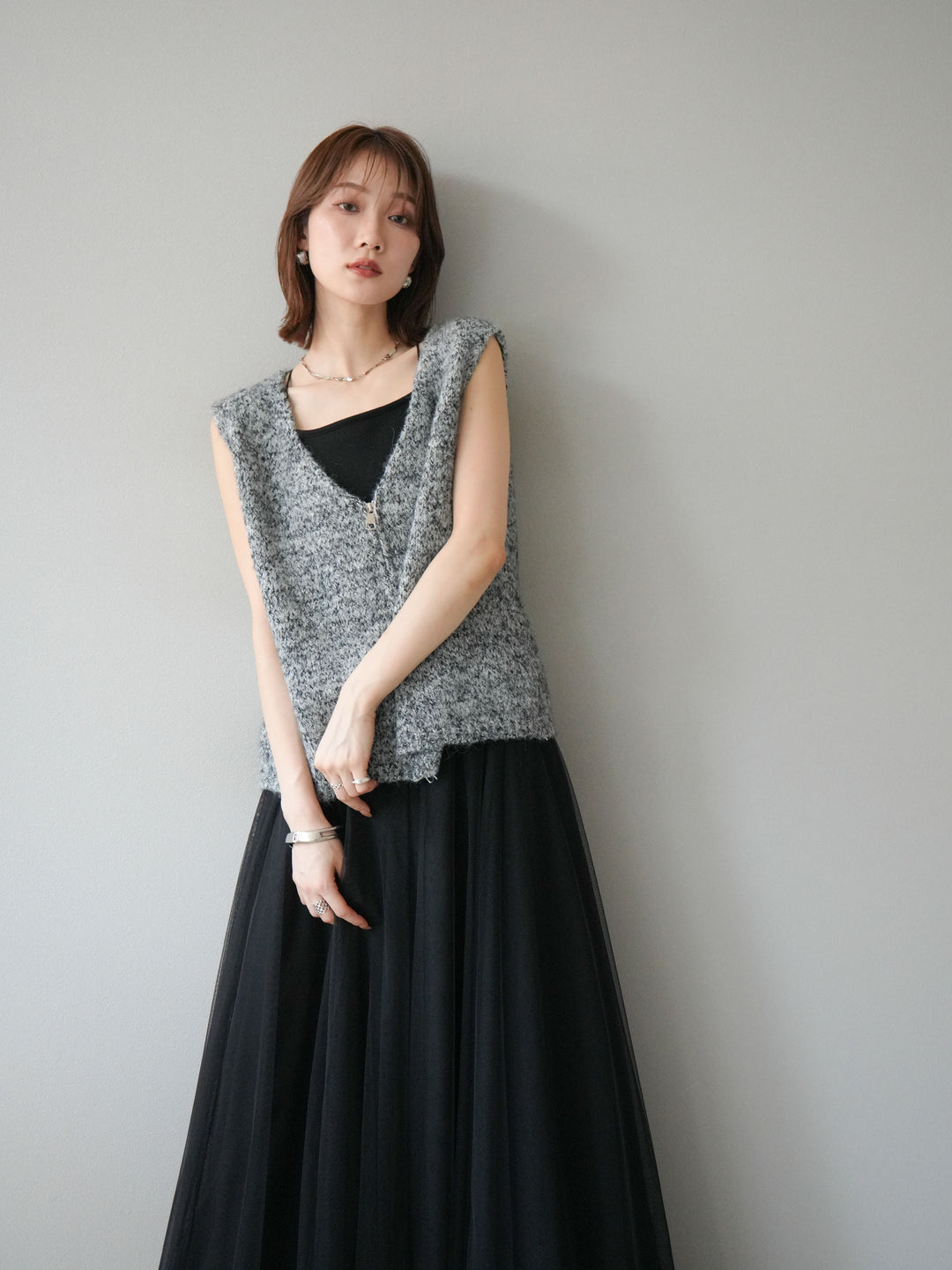[予約]フロントZIPミックスニットベスト/ブラック