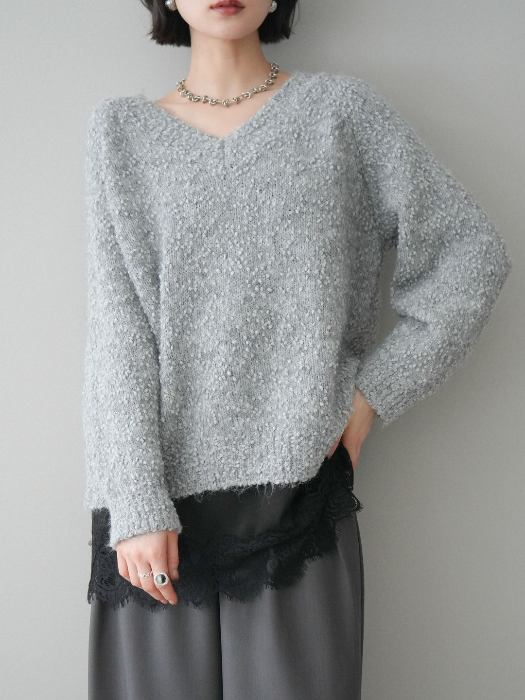 [SET]Vネックスラブニットプルオーバー+選べるアクセセット(2set)