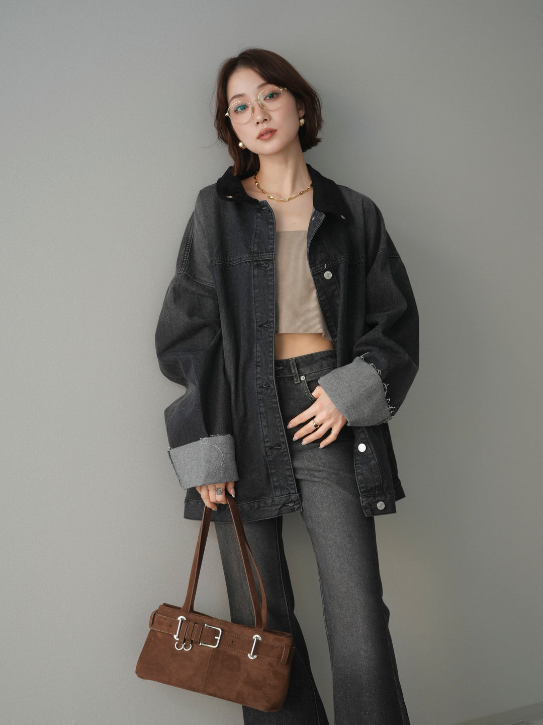 [SET]コーデュロイ×デニムミドルジャケット+フレアデニムパンツ(2set)