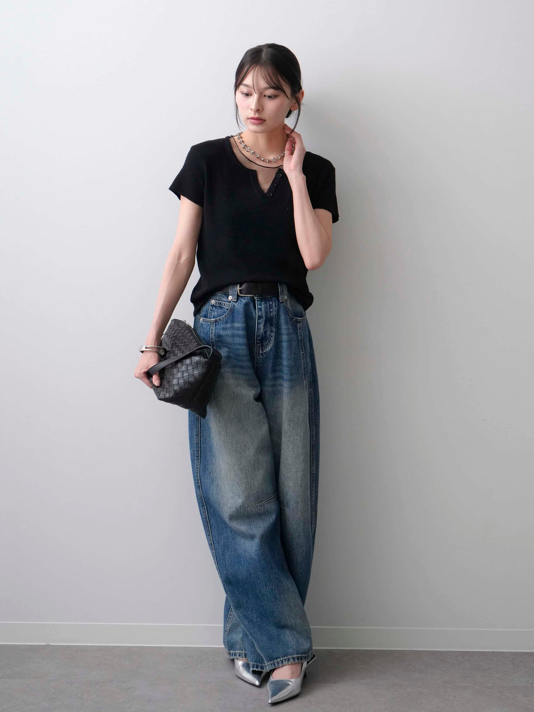 [SET]チュールレーヤードヘンリーフレンチニットトップス+立体カーブデニムパンツ(2set)