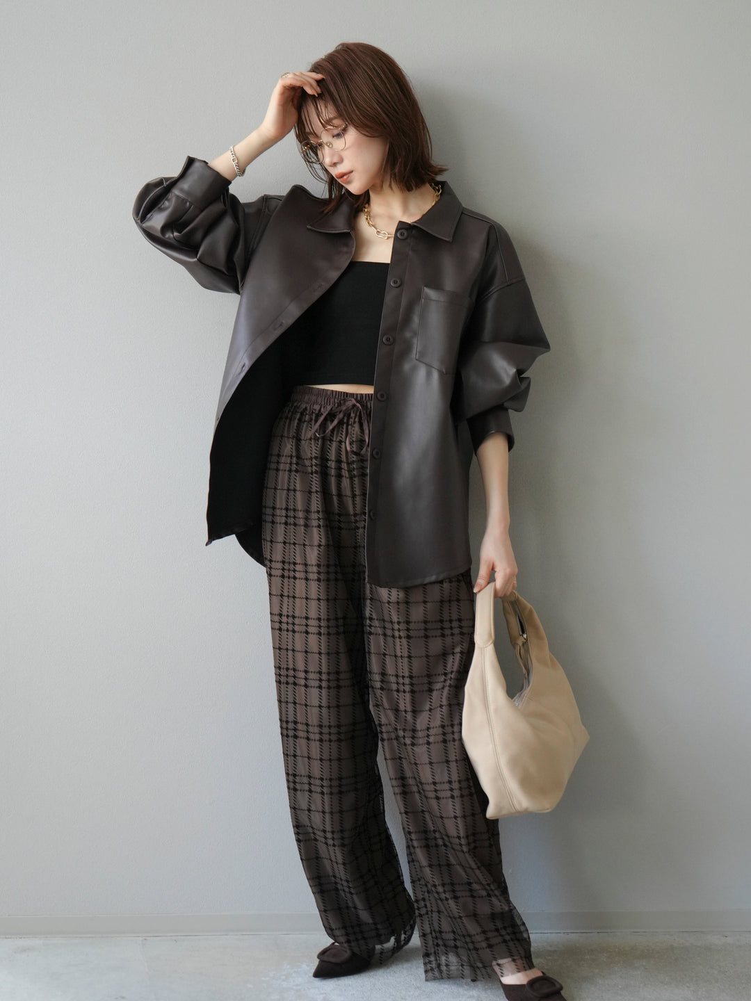 [予約]フェイクレザーシャツ/ブラウン