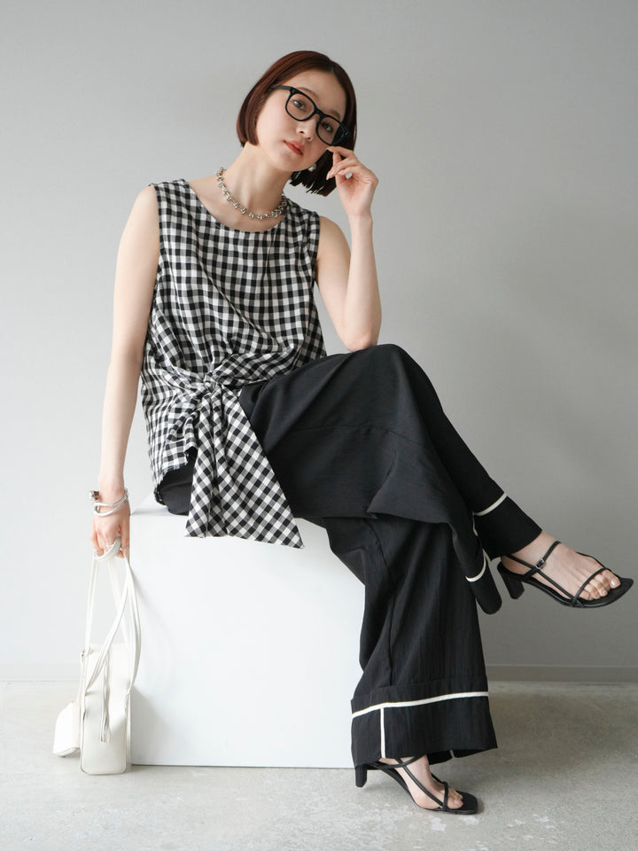 [SET] 前裹式無袖上衣+麻質下擺回型寬褲（2件組）