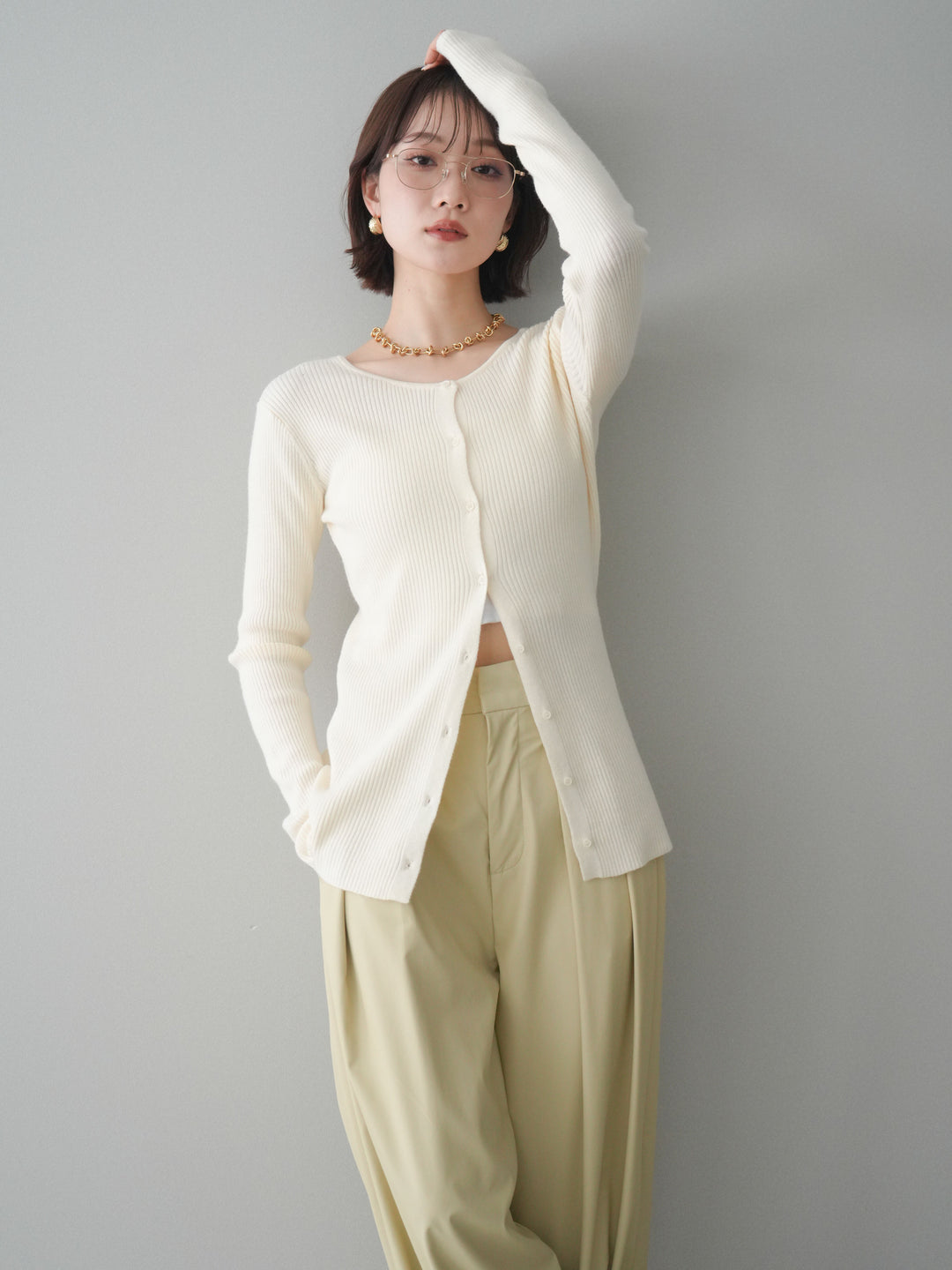 [予約]前後2WAYリブ編みクルーネックカーディガン/ivory