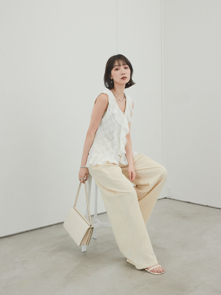 [SET]テープヤーンラッフルノースリトップス+リネンタッチタックワイドパンツ (2set)