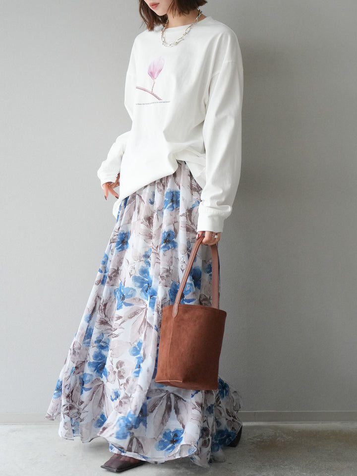 [予約]フラワープリントボリュームフレアスカート/ブルー