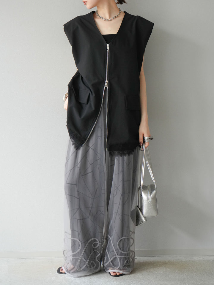 [予約]ビスコースサテンプリントタックイージーパンツ/チャコール