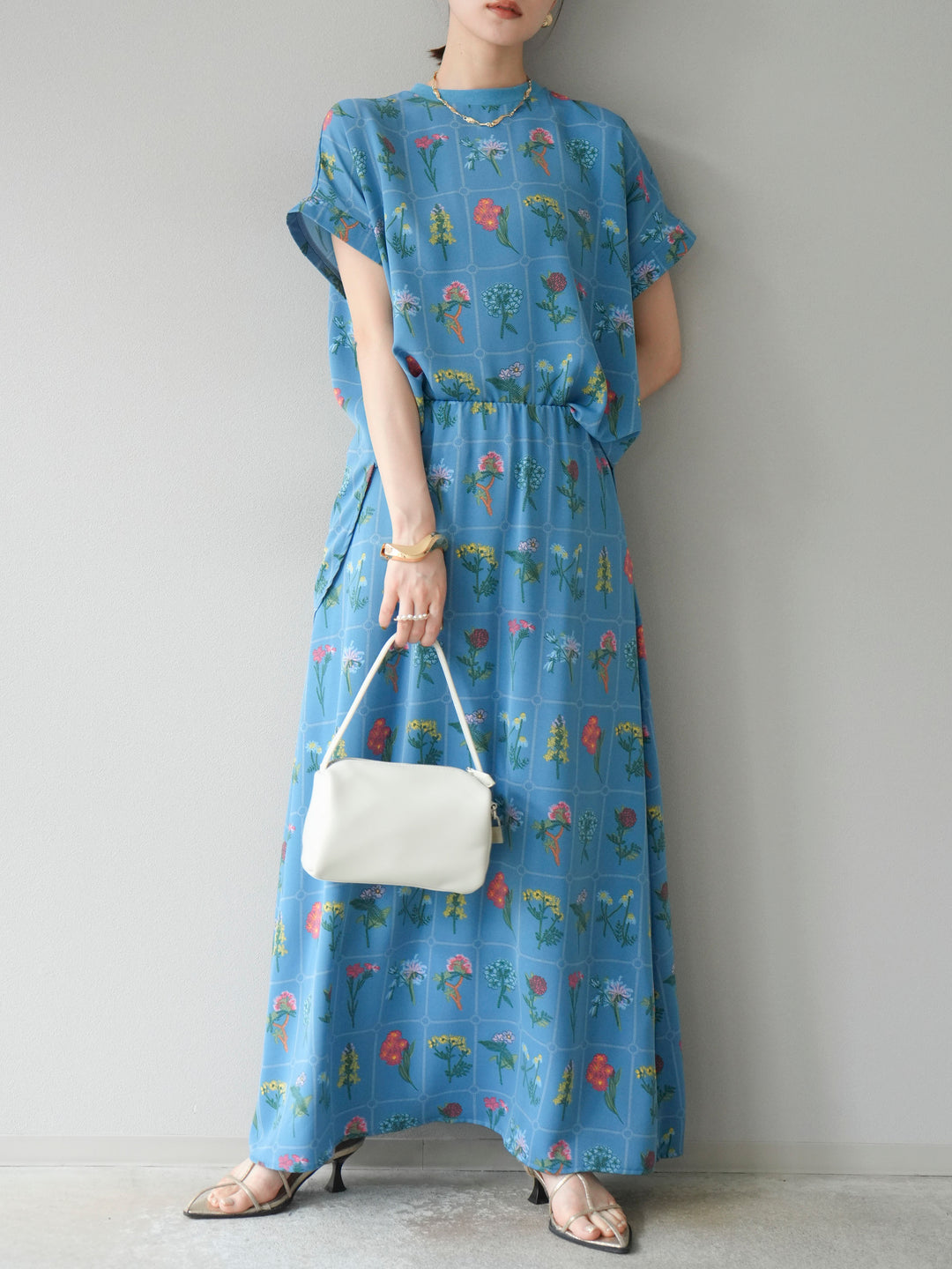 [予約]パッチワークフラワープリントフレアスカート/ブルー