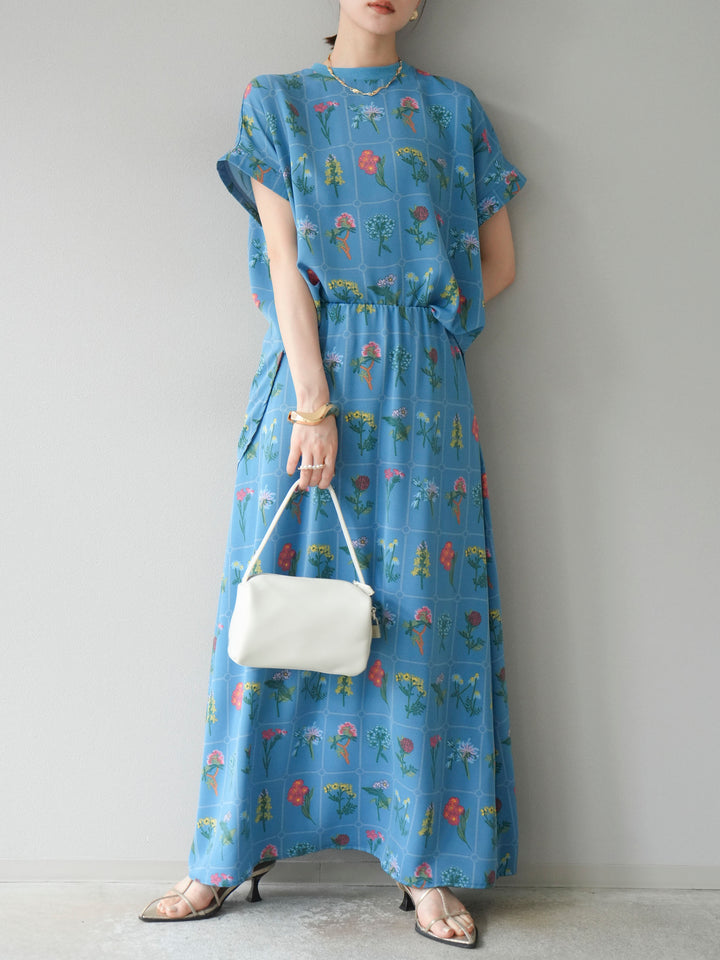 [予約]パッチワークフラワープリントフレアスカート/ブルー