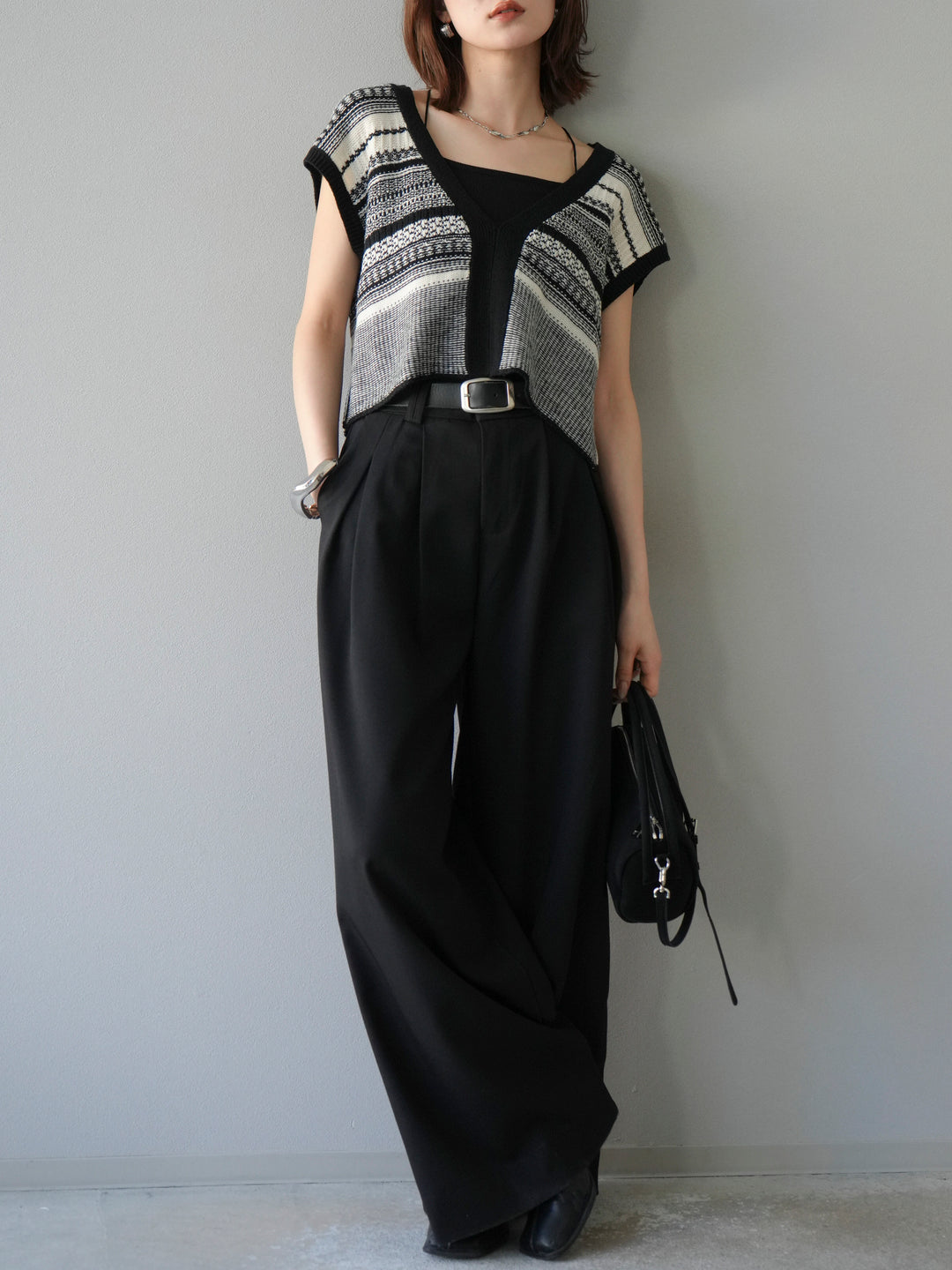 [予約]ガーター編み2WAYニットベスト/ホワイト×ブラック