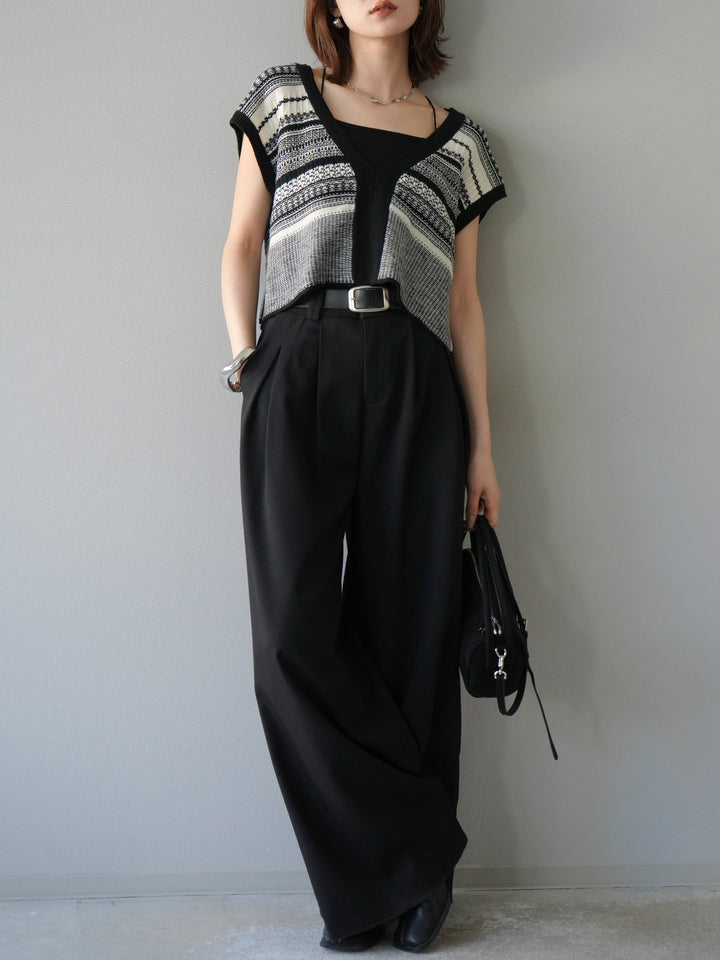 [予約]ガーター編み2WAYニットベスト/ホワイト×ブラック