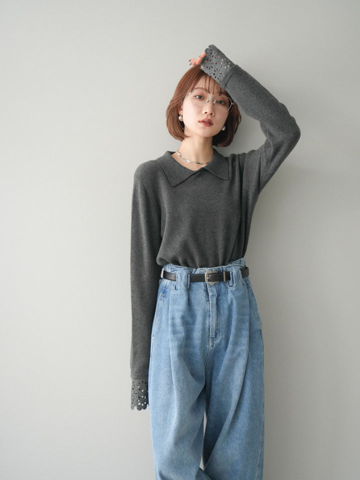 [SET]スカラップレース袖襟付きニットトップス+選べるアクセセット(2set)