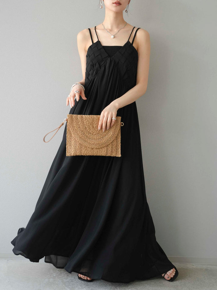 [予約]編み込みデザインシフォンワンピース/ブラック
