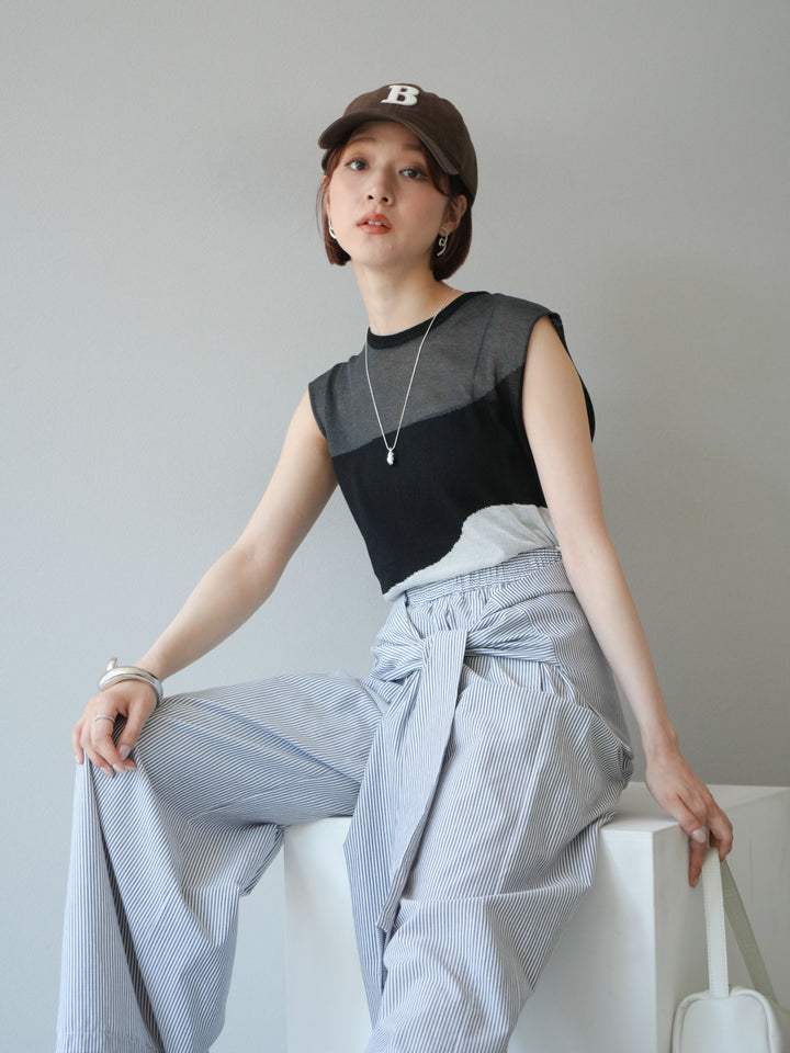 [SET] 雙色透視針織無袖上衣 + 條紋束腰休閒褲 (2set)