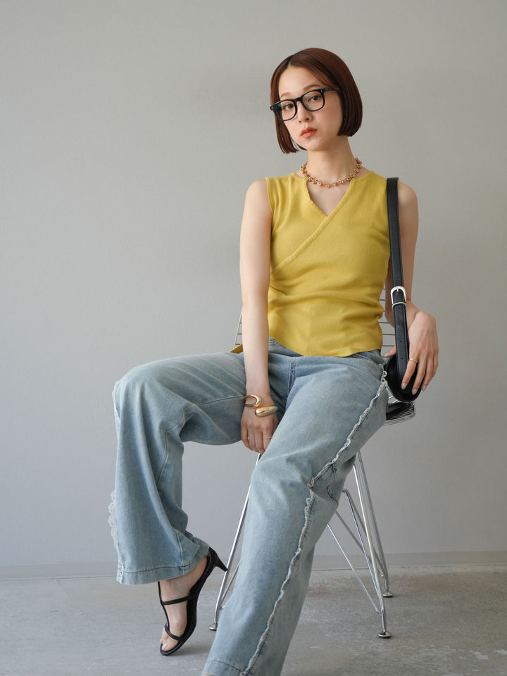 [SET]カシュクールノースリーブニットトップス+ラインレースデニムパンツ(2set)