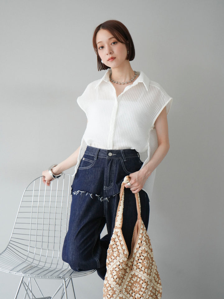 [SET] 透視格紋無袖襯衫 + 臀部設計牛仔褲（2 套）