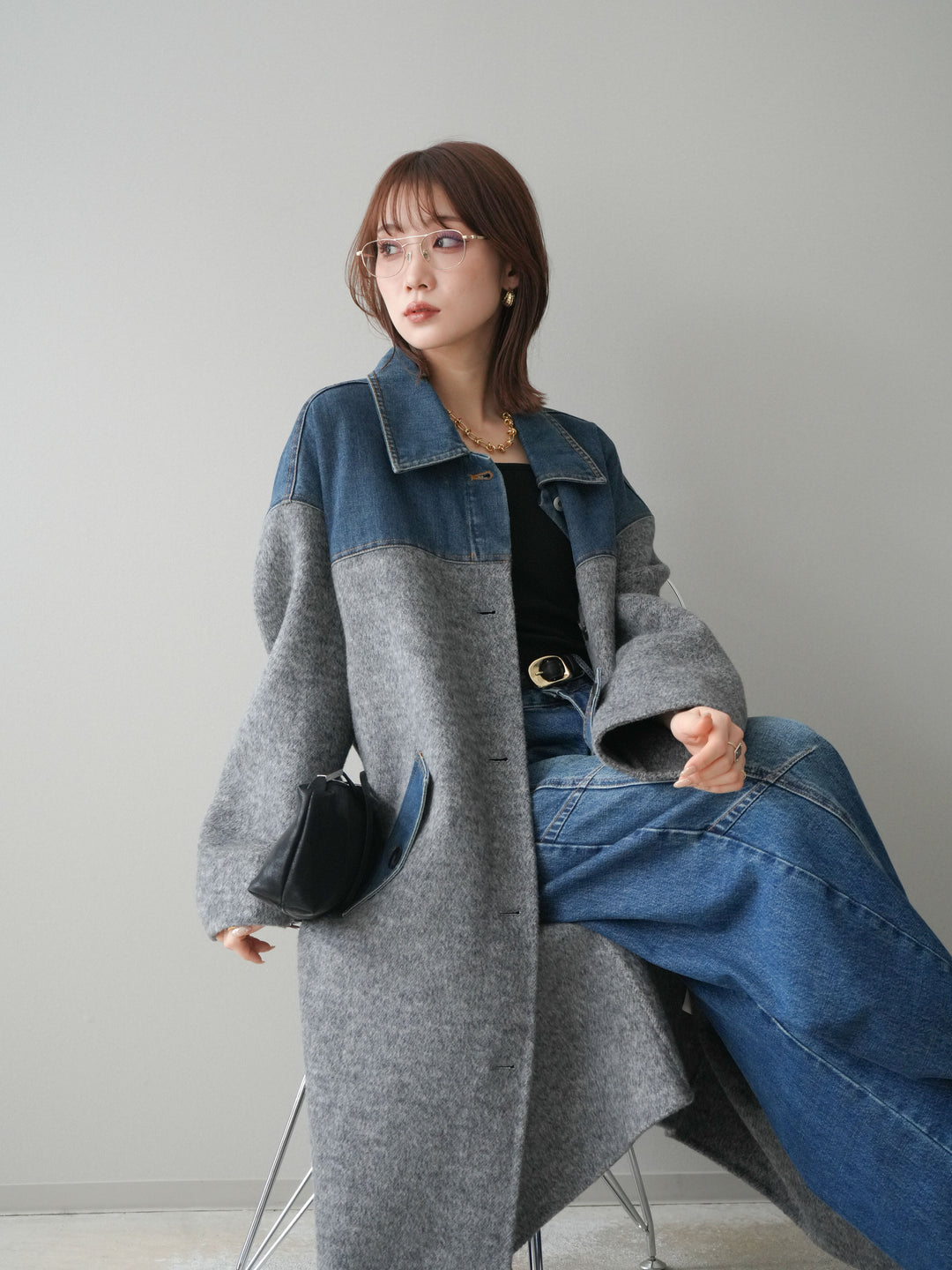 [SET]デニム切替シャギーステンカラーコート+選べるアクセセット(2set)