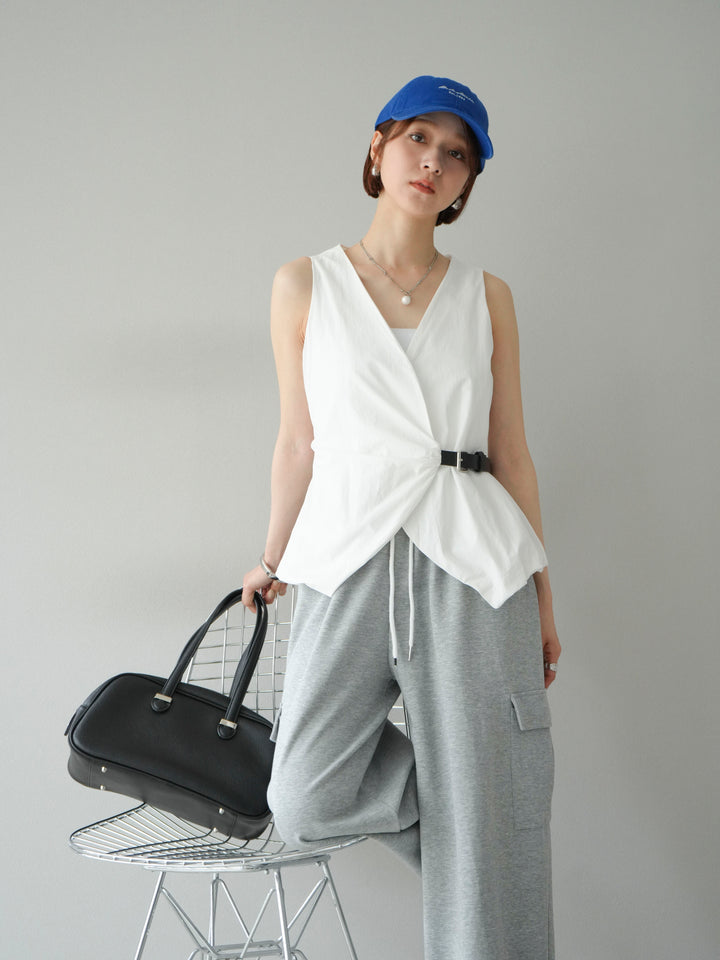 [SET]ベルトデザインバルーンブラウス+ウエストラインサイドポケットスウェットパンツ(2set)