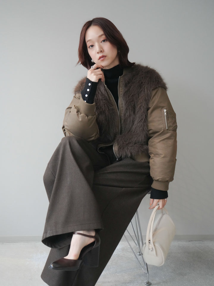 [SET]ファードッキングMA-1+アニマル柄ベルト付きウールタッチワイドパンツ(2set)