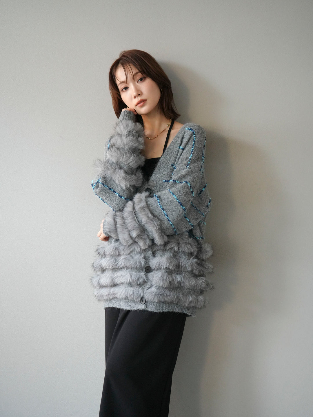 [予約]フェザーライン配色シャギーニットカーディガン/グレー