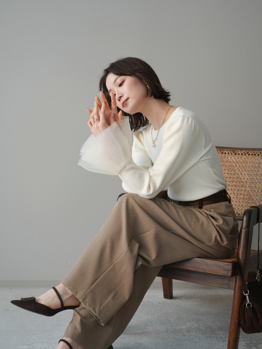 [SET]袖チュールパワショルリブニットトップス+袖チュールパワショルリブニットトップス(2set)