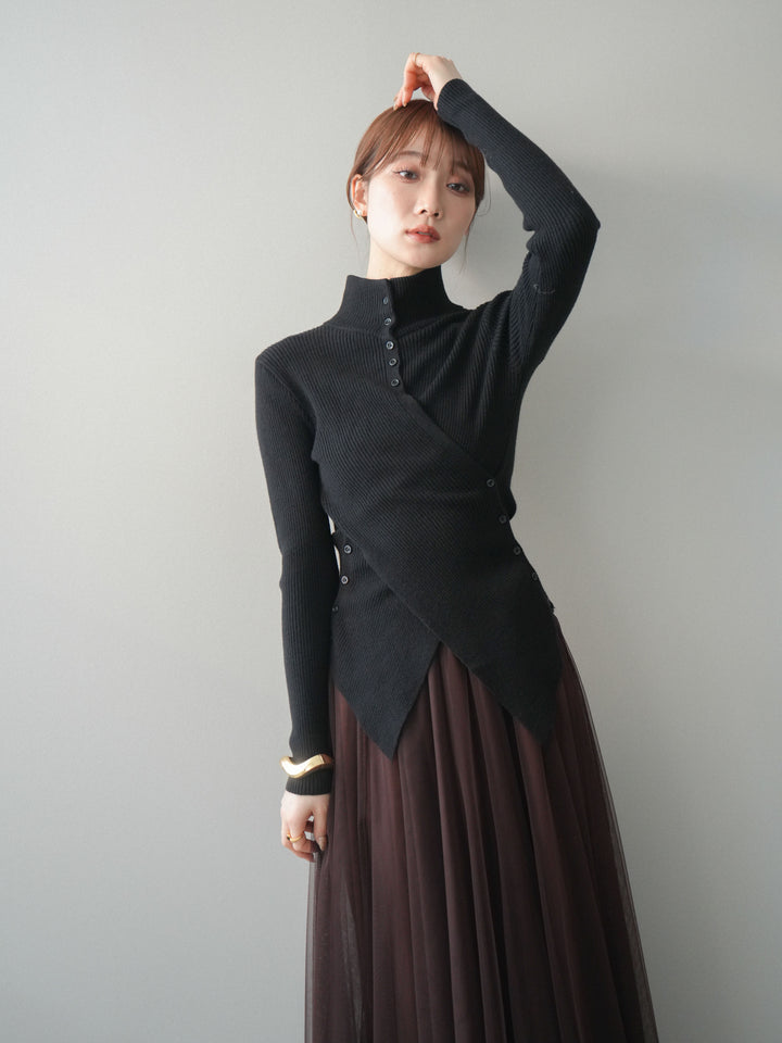 [予約]クロスデザインボトルネックリブニットトップス/black