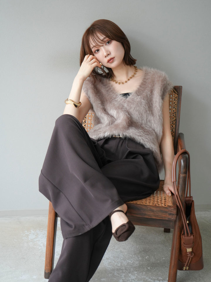 [SET]ラメシャギーVネックニットベスト+ベルトループデザインワイドパンツ(2set)