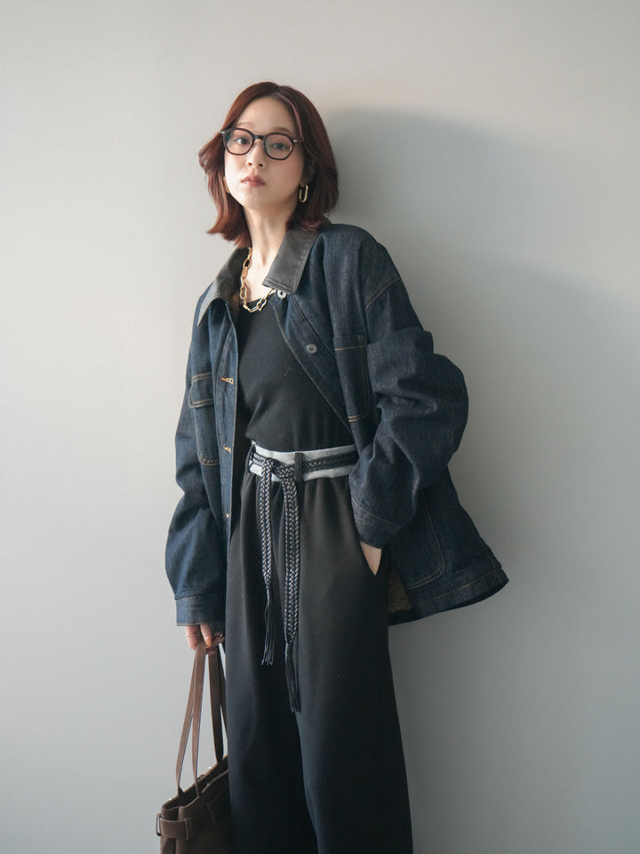 [SET]裏地ファーデニムフライトジャケット+編み込みベルト付きウエスト配色スエットパンツ(2set)