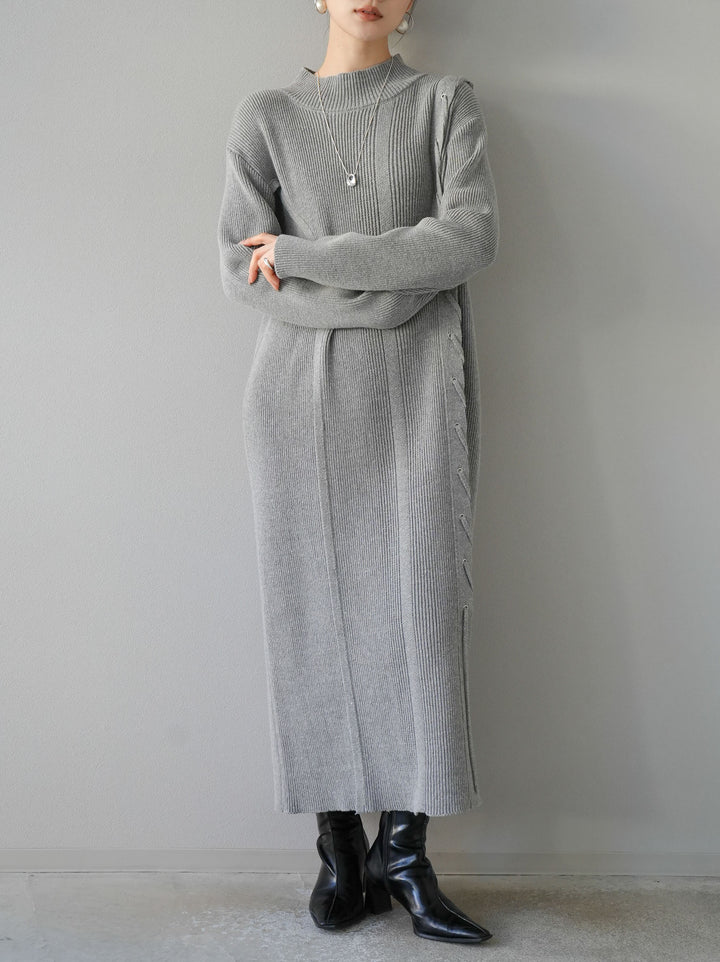 [SET] 不對稱繫帶高領針織連身裙 + 可選飾品套裝 (2套)