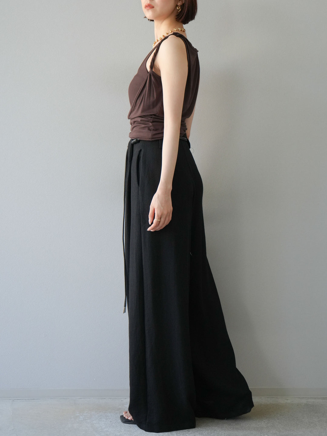 [予約]ロープデザインベルトリネンタッチワイドパンツ/ブラック