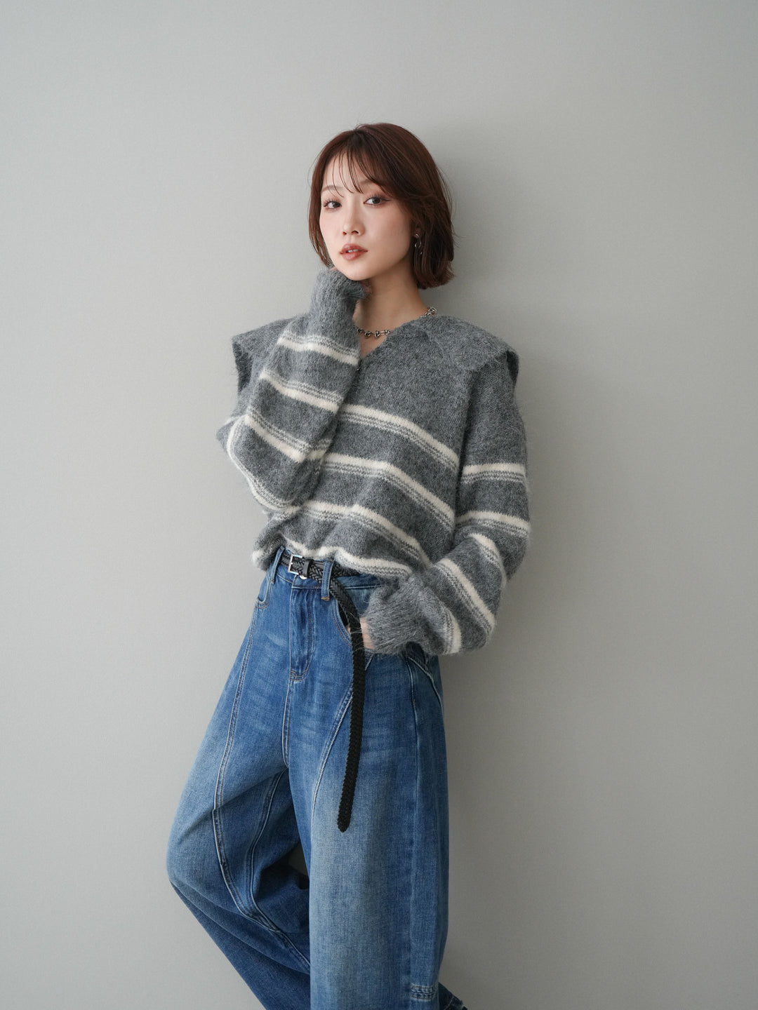 [SET]ハーフジップボーダーニットプルオーバー+裏起毛加工デニムカーブパンツ(2set)