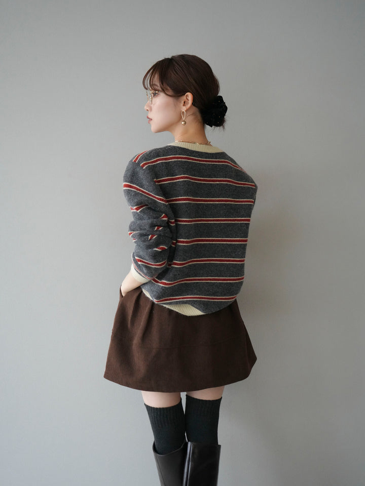 [予約]配色ボーダーニットカーディガン/gray
