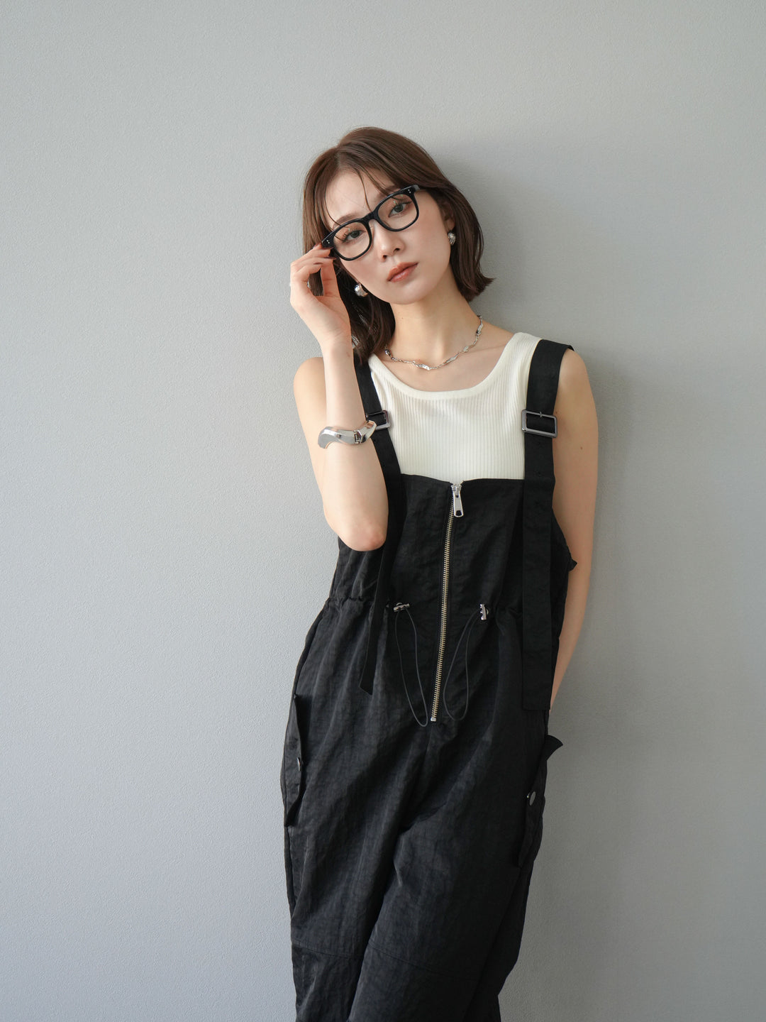 [予約]ナイロンタックデザインサロペット/ブラック