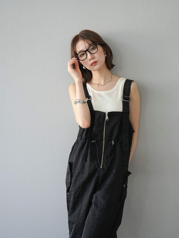 [予約]ナイロンタックデザインサロペット/ブラック