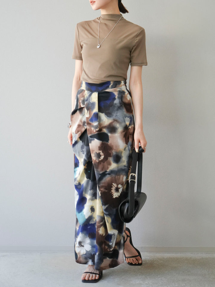 [SET] 透視半袖上衣 + 水彩印花褶襉I字裙 (2set)